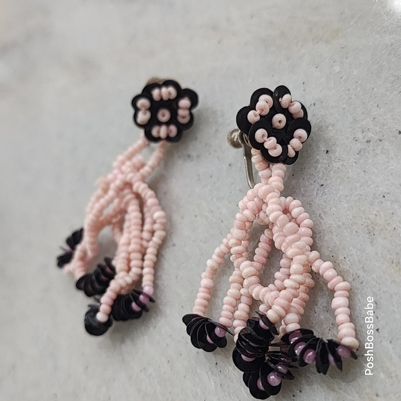 Vintage Pink Beaded Flower Dangle Earrings – 2" Screw Back - Picture 1 of 7